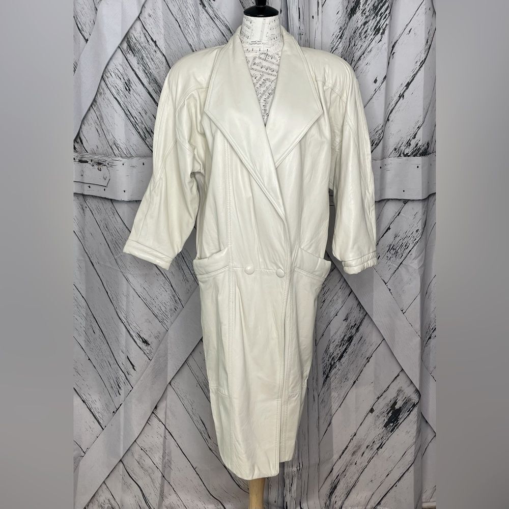 Vintage 80s WINLIT‎ Cream Leather Coat Padded Shoulders Size M